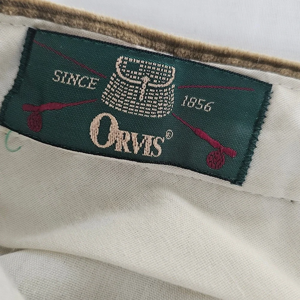 Orvis Mens Corduroy Pants 36 Brown Wide Wale Leather Trim Made in USA Trousers